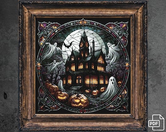 May include: A stained glass window design featuring a spooky, dark Victorian house with glowing windows, surrounded by ghosts and pumpkins. The design is set against a black background with a full moon.