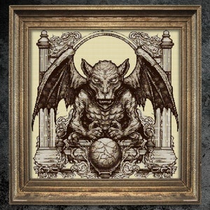 Gargoyle Cross Stitch Pattern Gift for Halloween Horror Creepy Gothic Woodcut Blackwork Cross Stitch Pattern Instant Download Digital