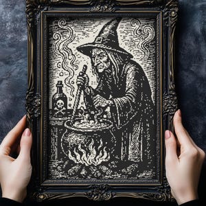 Woodcut Witch Cross Stitch Pattern Gift for Halloween Horror Cauldron Black & White Spooky Gothic Witchy Modern Monochrome XStitch Pattern