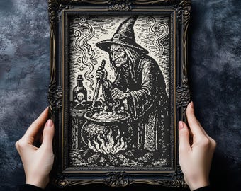 Woodcut Witch Cross Stitch Pattern Gift for Halloween Horror Cauldron Black & White Spooky Gothic Witchy Modern Monochrome XStitch Pattern