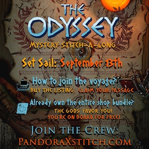 Puede incluir: Un gr&aacute;fico promocional para The Odyssey Mystery Stitch-A-Long con un fondo de mapa. El texto incluye: Set Sail: September 13th, How to join the voyage? Buy the listing, claim your passage, y Join the crew: Pandoraxstitch.com.