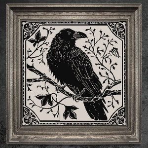 Gothic  Woodcut Raven Cross Stitch Pattern Gift for Halloween Horror Crow Modern Creepy Spooky Animal Witchy XStitch Full Coverage