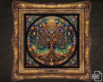 Keltische Baum des Lebens Kreuzstich Muster Glasmalerei Stil Yggdrasil Traditioneller Kreuzstich PDF Instant Download DIY Stickerei