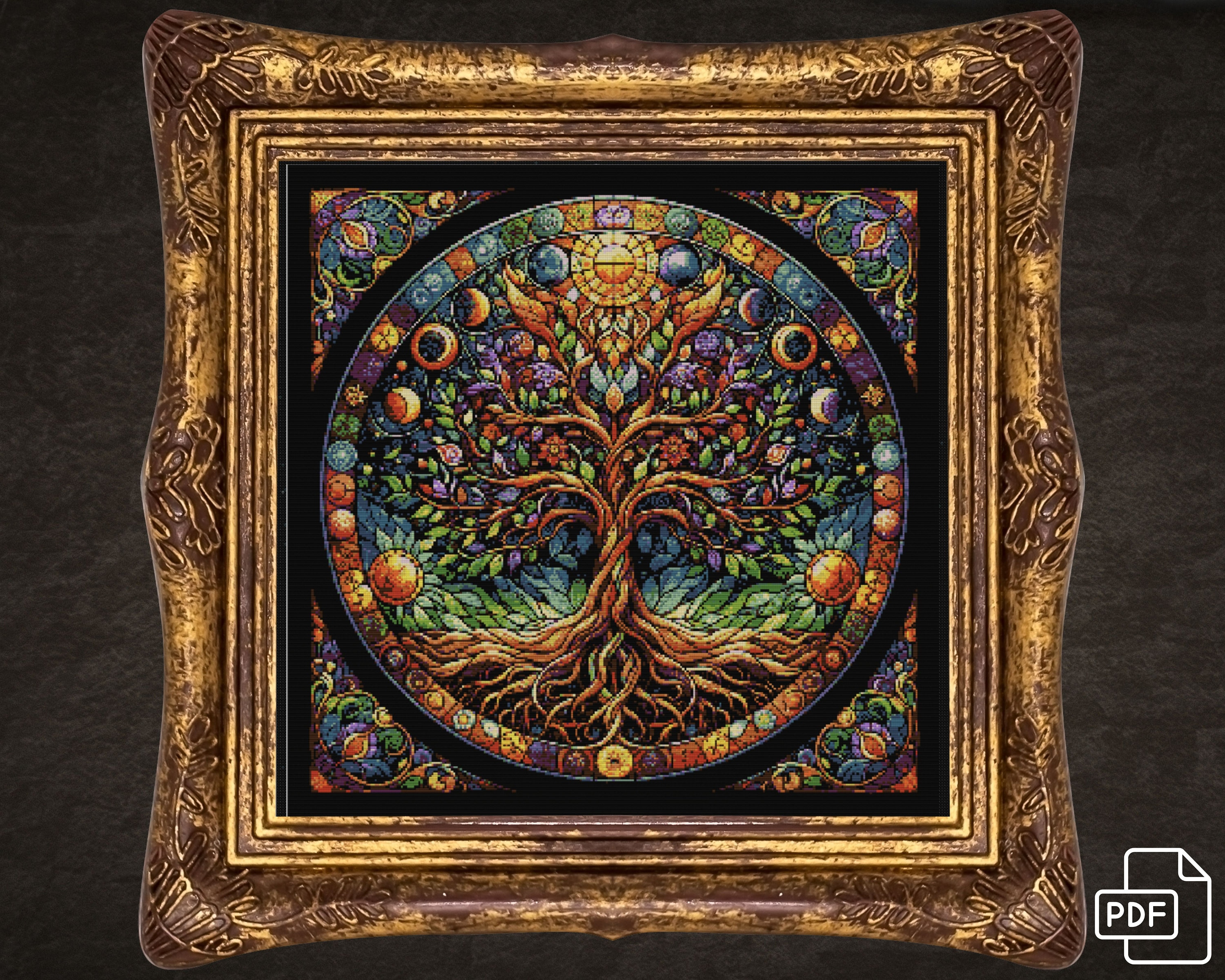 Celtic Tree of Life Cross Stitch Pattern Stained Glass Style Yggdrasil Traditional Cross Stitch PDF Instant Download DIY Embroidery