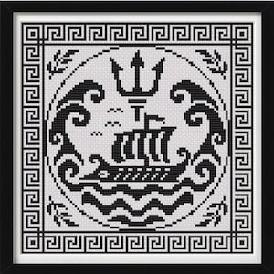 May include: A black and white cross-stitch pattern featuring a central circular design with a sailing ship, a trident, and stylised waves. The image is enclosed within a square Greek key border, with small leaf motifs in the four corners.