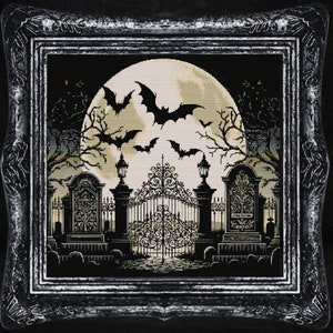 Cemetery Gate with Bats Cross Stitch Pattern Gift for Halloween Horror Witchcraft Moon Creepy Spooky Dark Wiccan Occult Gothic