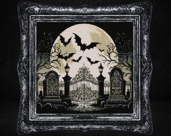 Cemetery Gate with Bats Cross Stitch Pattern Gift for Halloween Horror Witchcraft Moon Creepy Spooky Dark Wiccan Occult Gothic