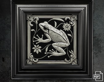 Woodcut Frog Cross Stitch Pattern, Gothic Floral Design (PDF Pattern)