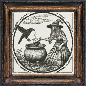 Witch and Raven Cross Stitch Pattern Gift for Halloween Horror Woodcut Modern Creepy Spooky Gothic Witchy Cross Stitch Pattern Full Coverage