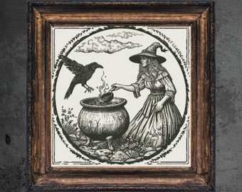 Patrón de punto de cruz de bruja y cuervo: xilografía de terror gótico (descarga digital)