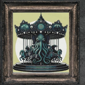 Carousel of Cthulhu Cross Stitch Pattern Witchy Spooky Gothic Goth Occult Halloween Creepy Dark Horror Haunted Carousel Amusement Park