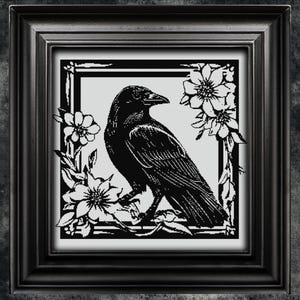 Gothic  Woodcut Raven Cross Stitch Pattern Gift for Halloween Horror Crow Modern Monochrome  Animal Witchy XStitch Instant Download PDF