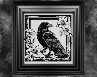 Patrón de punto de cruz de cuervo gótico tallado en madera, regalo para Halloween, horror, cuervo, animal moderno monocromo, brujería, XStitch, descarga instantánea en PDF
