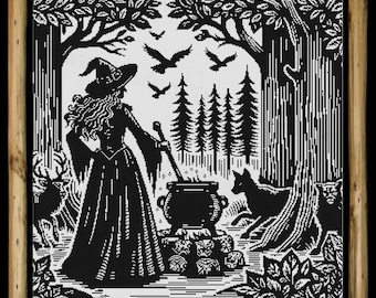 Patrón de punto de cruz de "Bruja en el bosque", "Caldero gótico" (Descarga digital)