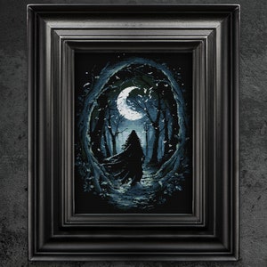 May include: A black and white pixel art image of a hooded figure walking through a dark forest towards a crescent moon. The forest is filled with trees and the moon is glowing in the night sky.