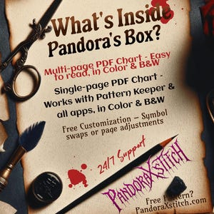 May include: A vintage-style image with a text overlay that reads "What's Inside Pandora's Box?"  The text describes a multi-page PDF chart that is easy to read in color or black and white.  The chart is compatible with Pattern Keeper and other apps.  The image also includes the text "24/7 Support" and "PandoraXstitch.com".