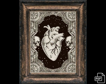Heart and Skulls Cross Stitch Pattern | Halloween, Horror Skulls, Witchccraft, Creepy,Crow | Gothic, | Instant Download Digital PDF