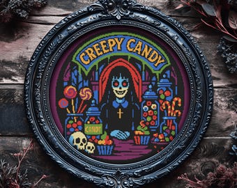 May include: A framed cross-stitch artwork with a Halloween theme. The artwork features a skeletal figure behind a counter with jars of sweets and the text "CREEPY CANDY". The frame is black and ornate, with a dark wood background.