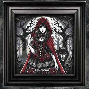 Red Riding Hood Cross Stitch Pattern Gift for Halloween Horror Woodcut Modern Creepy Spooky Gothic Cross Stitch Pattern Full Coverage