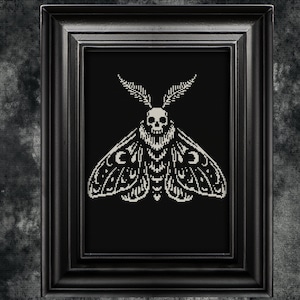 Può includere: Un'opera d'arte a punto croce in bianco e nero incorniciata. L'opera presenta una falena con una testa a forma di teschio e motivi alari dettagliati. La falena è centrata su uno sfondo nero, incorniciata in una cornice di legno nera.
