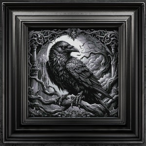 Woodcut Raven With Full Moon Cross Stitch Pattern Halloween Horror Witchcraft Creepy Spooky Dark Wiccan Occult Gothic