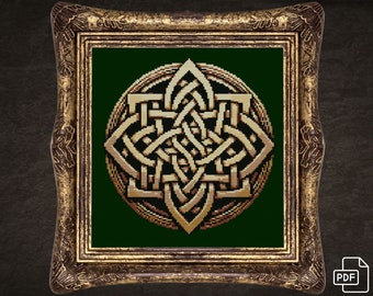 Puede incluir: Un diseño de nudo celta dorado en forma circular, enmarcado en un marco dorado adornado sobre un fondo verde.