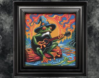 Psychedelic Frog Cross Stitch Pattern | Trippy Guitar, Abstract Neon Swamp (PDF Pattern)