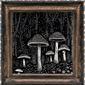 May include: Black and white illustration of mushrooms in a forest. The mushrooms are white with black spots and have long stems. The forest is dark and the trees are tall and thin.