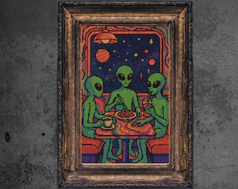 Space Dinner Cross Stitch Pattern Colorful Spooky Retro Trippy Art Psy Psychedelic Trippy Abstract Hippie Distortion Modern Monsters Xstitch
