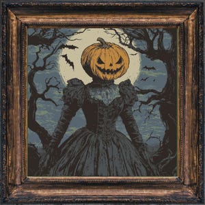 May include: A vintage-style illustration of a woman with a jack-o'-lantern head in a dark forest setting. The woman is wearing a long, dark dress and the jack-o'-lantern has a menacing expression.