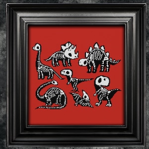 May include: A red background with a black and white illustration of six dinosaur skeletons. The dinosaurs are in various poses, including standing, walking, and running.