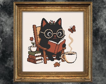 Gemütliche Bücherwurm Katze Kreuzstich-Muster, lustiges Snarky Design (PDF Download)