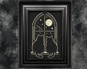 Patrón de punto de cruz de gatos góticos, Luna llena de Halloween (patrón PDF)