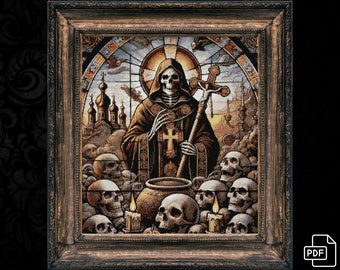 May include: A framed stained glass artwork depicting a skeletal figure in a hooded robe holding a cross and standing over a pile of skulls. The artwork is set against a backdrop of a church with a stained glass window.