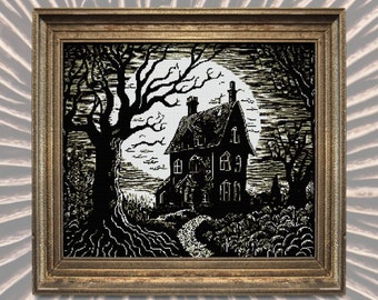 Könnte beinhalten: Eine Schwarzweißillustration eines Spukhauses mit einem Vollmond im Hintergrund. Das Haus hat ein spitzes Dach und viele Fenster. Auf beiden Seiten des Hauses stehen Bäume.