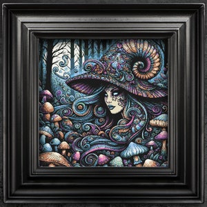 May include: A digital illustration of a woman with long, flowing blue and purple hair wearing a large, ornate hat with a spiral design. She is surrounded by mushrooms in a forest setting.