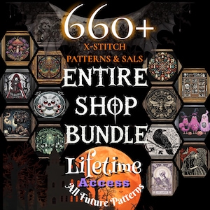 May include: A promotional image for an entire shop bundle of cross-stitch patterns. The image features a collection of framed cross-stitch designs with a gothic and Halloween theme, including images of mushrooms, a raven, and a skeleton. Text includes "660+ X-STITCH PATTERNS & SALS".