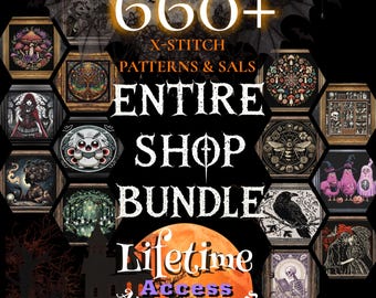 Paquete Mega de toda la tienda con más de 660 artículos, acceso de por vida a ofertas increíbles, diseño de brujas, espeluznante, punto de cruz, moderno, celta y de setas, descarga instantánea.