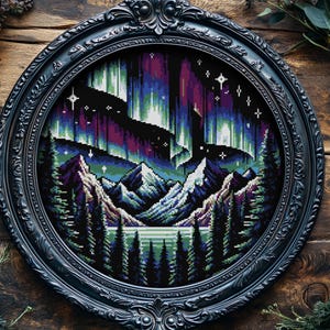 Nordlichter Kreuzstichmuster Aurora Borealis Kreuzstichmuster Berglandschaft wunderliche Natur Instant Download
