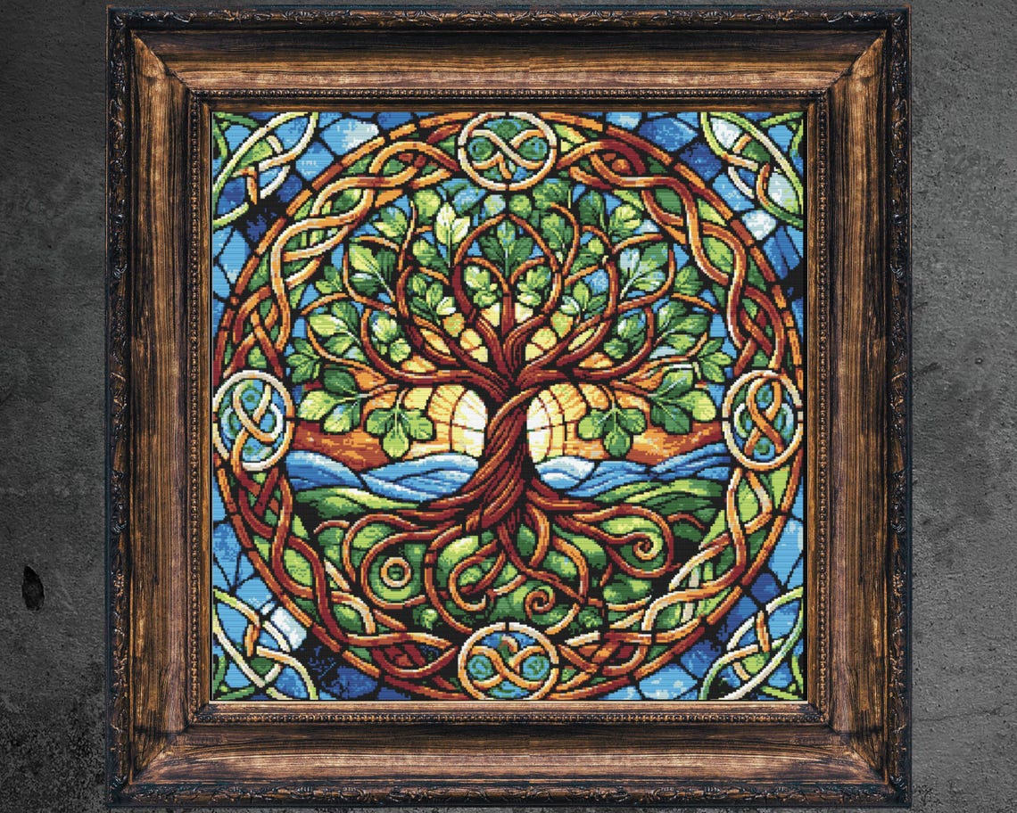 Stained Glass Celtic Tree of Life Cross Stitch Pattern Yggdrasil ...
