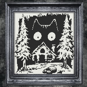 May include: Black and white cross-stitch pattern of a cat with large eyes peering out from behind a small house in a forest setting.
