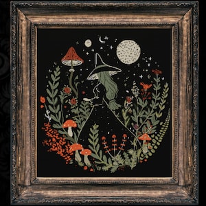 Botanical Wood Witch Cross Stitch Pattern Gift for Halloween Horror Woodcut Modern Creepy Spooky Gothic Cross Stitch Pattern Full Coverage