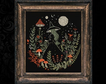 Botanical Wood Witch Cross Stitch Pattern Gift for Halloween Horror Woodcut Modern Creepy Spooky Gothic Cross Stitch Pattern Full Coverage