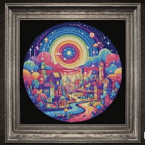 May include: A colorful pixel art design of a whimsical town with houses, trees, and a winding path. The town is surrounded by a rainbow-colored sky with stars and clouds.