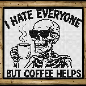 Coffee Helps Cross Stitch Pattern Snarky Funny Modern Sarcastic Sassy Quote Halloween Skeleton Instant PDF Download