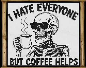 Coffee Helps Cross Stitch Pattern Snarky Funny Modern Sarcastic Sassy Quote Halloween Skeleton Instant PDF Download