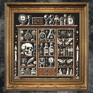 May include: A vintage wooden cabinet with glass doors and shelves filled with various objects, including a skull, bottles, insects, and books. The cabinet is framed in a dark wood frame.