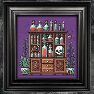 Puede incluir: Una ilustración de pixel art de un gabinete de madera con estantes llenos de botellas de pociones, libros y una calavera. El gabinete tiene un fondo morado y está decorado con plantas y gemas.