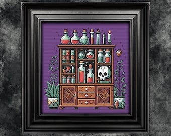Witchcraft Potion Shelf Cross Stitch Pattern, Gothic Cabinet of Curiosities (PDF Pattern)