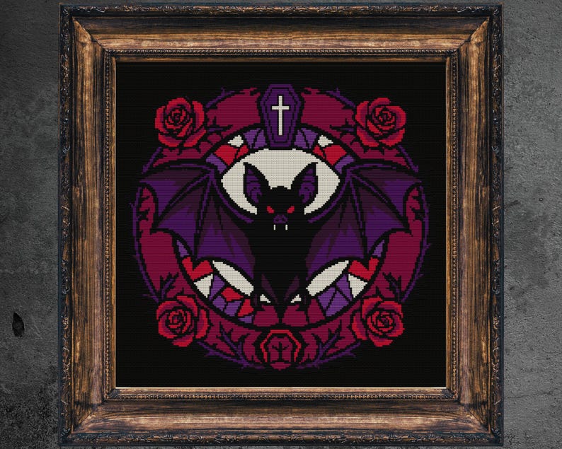 Gothic Bat Cross Stitch Pattern: Halloween Dracula, Red Roses (PDF ...